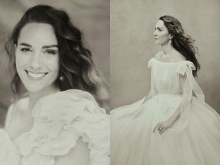 kate middletons 40th birthday portraits - one where she is looking at the camera and one where she is looking off to the side (both black and white) - how to get wavy hair