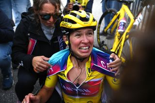 ALPE DHUEZ FRANCE AUGUST 18 Final overall race winner Katarzyna Niewiadoma of Poland and Team CanyonSRAM Racing Yellow Leader Jersey celebrates after the 3rd Tour de France Femmes 2024 Stage 8 a 1499km stage from Le GrandBornand to Alpe dHuez 1828m UCIWWT on August 18 2024 in Alpe dHuez France Photo by Alex BroadwayGetty Images