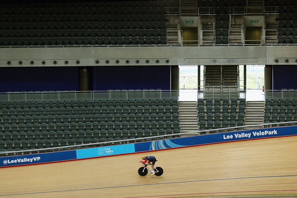 Bradley Wiggins of Great Britain trains at the Lee Valley Velopark ahead of his UCI Hour Record attempt.