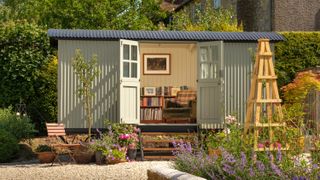 greey shepherds hut garden room with view of interior