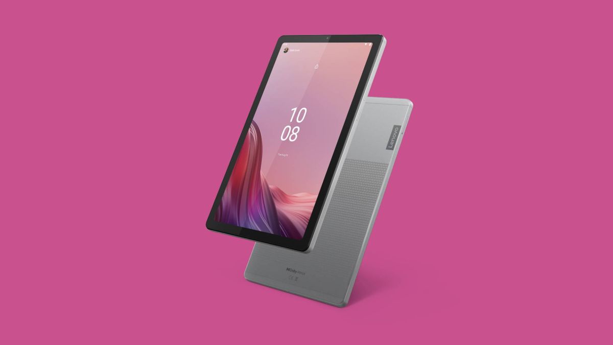 Lenovo Smart Tab M9 shown back and front against a pink background