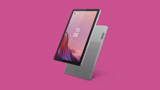 Lenovo Smart Tab M9 shown back and front against a pink background