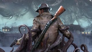 Key art for The Sinking City 2, showing Calvin Rafferty looking over his shoulder as he's up to his knees in water, handgun in hand. Tentacles wrap around him from the water as he looks across Arkham.
