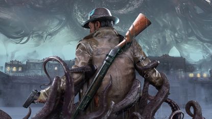 Key art for The Sinking City 2, showing Calvin Rafferty looking over his shoulder as he's up to his knees in water, handgun in hand. Tentacles wrap around him from the water as he looks across Arkham.