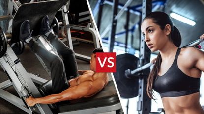 A man performing leg press and a woman doing a barbell squat at the gym