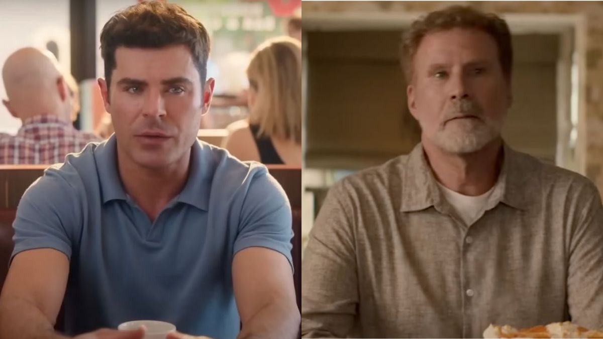 Split Image: Left: Zac Efron in a blue polo looking irritated in Ricky Stanicky; Right: Will Ferrell in a brown button-up shirt staring off into space in You&#039;re Cordially Invited