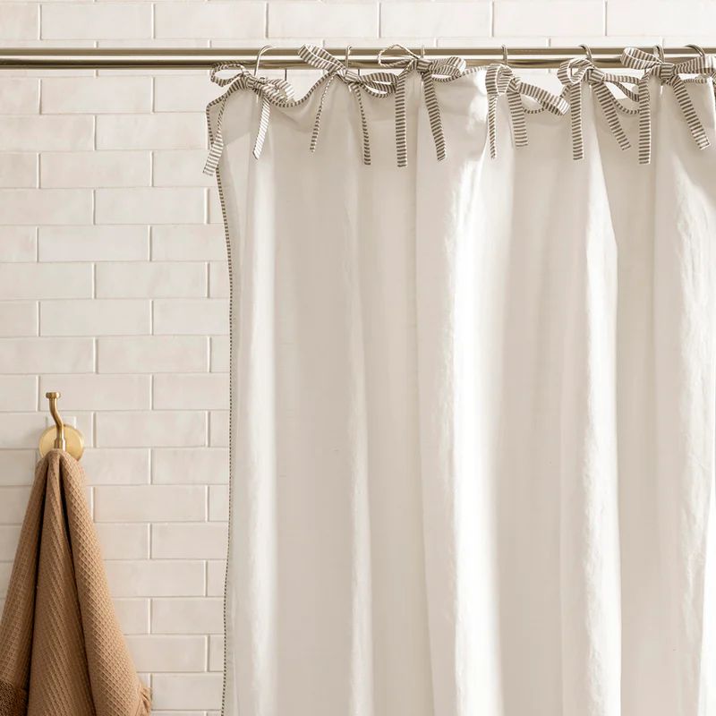 white shower curtain with ties
