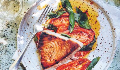 roasted tuna with baked tomatoes and basil