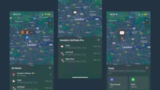 Screenshots of the Find My app with lost AirPods