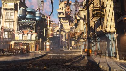Clockwork Revolution screenshot showing the vibrant steam-powered metropolis of Avalon