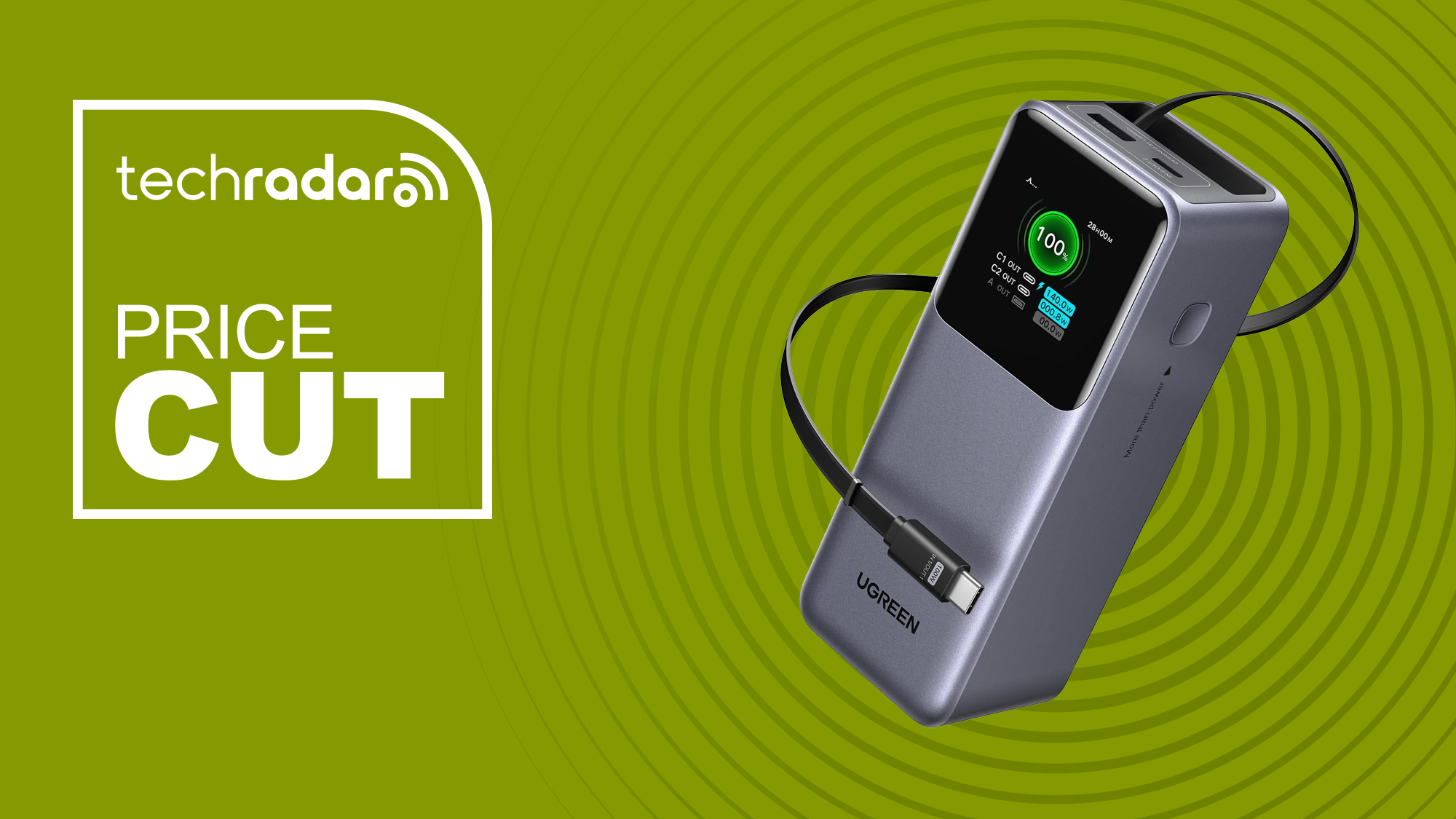 Ugreen Nexode portable battery next to a label reading &quot;price cut&quot;