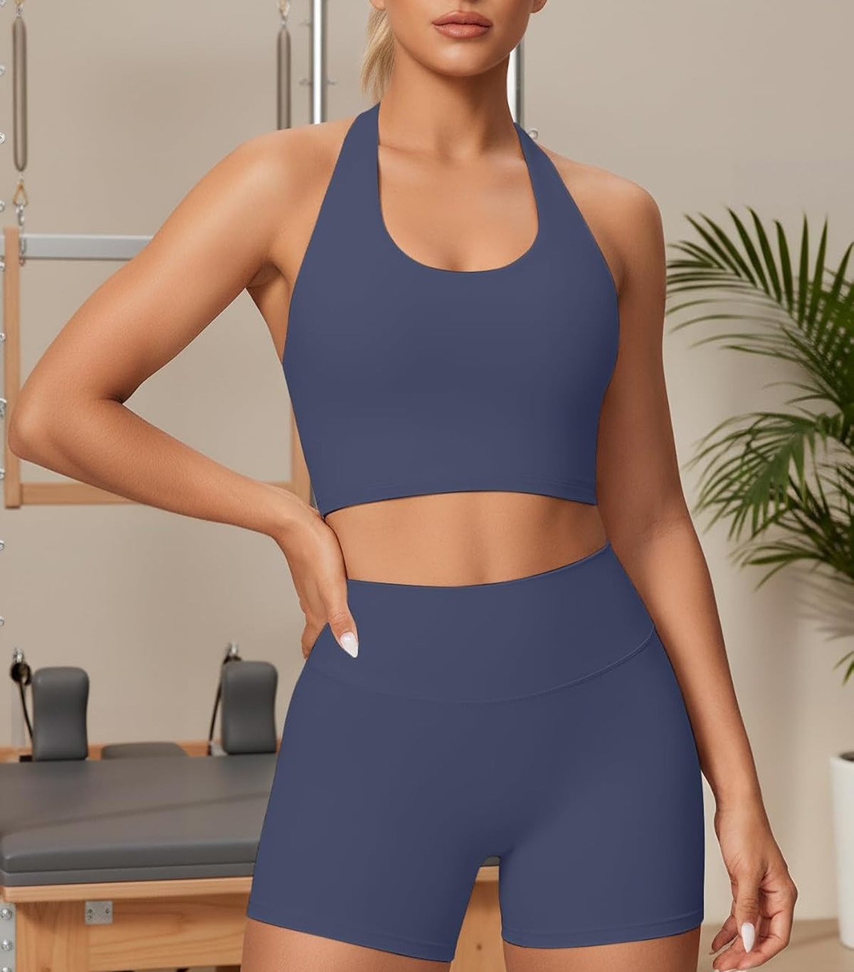 Bomnio, Halter Neck Sports Bra High Waisted Biker Shorts
