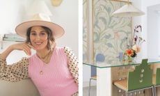 Designer Judith Achumba-W&ouml;llenstein in a pink vest and hat next to a dining area with a travertine table, green geometric chairs, and botanical wallpaper.