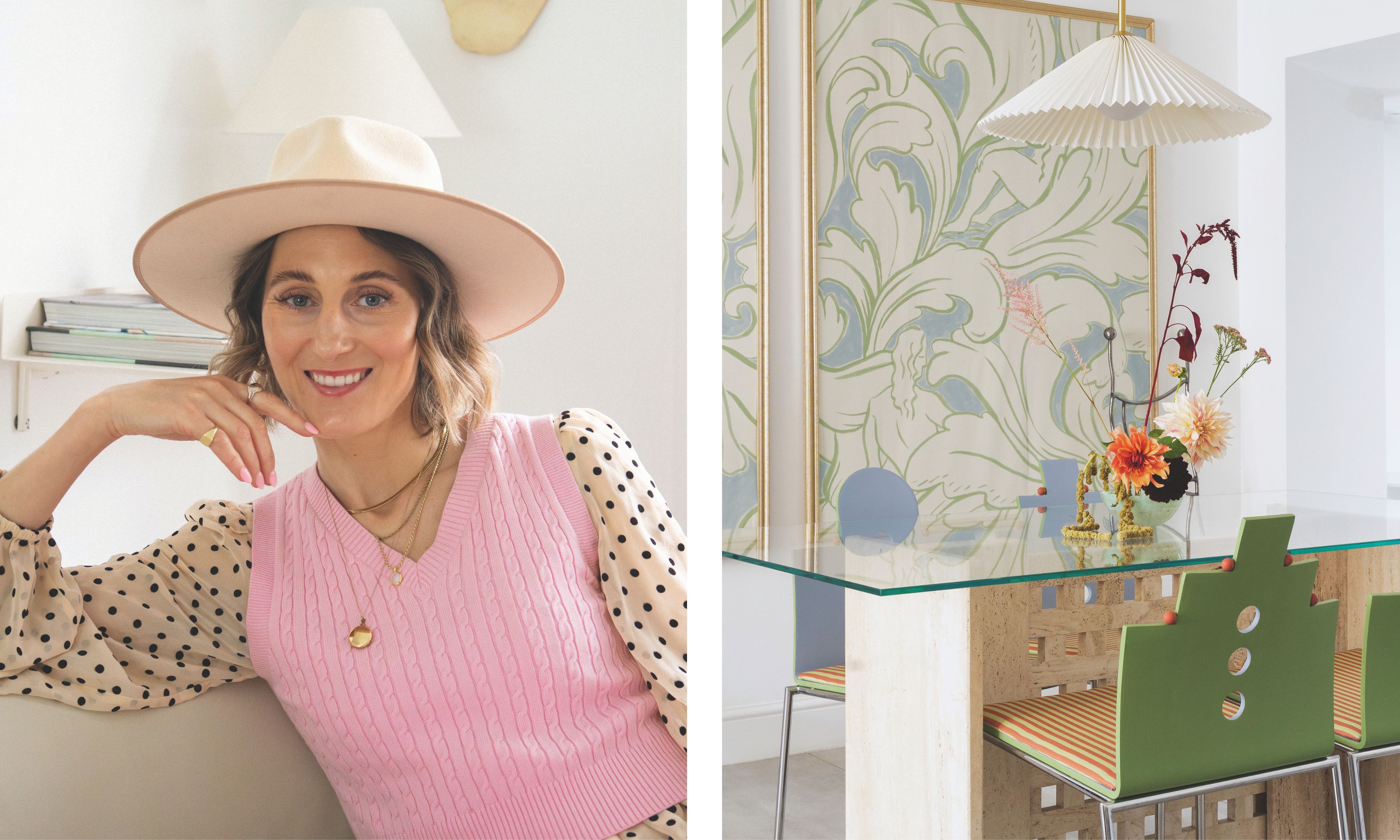 Designer Judith Achumba-W&ouml;llenstein in a pink vest and hat next to a dining area with a travertine table, green geometric chairs, and botanical wallpaper.