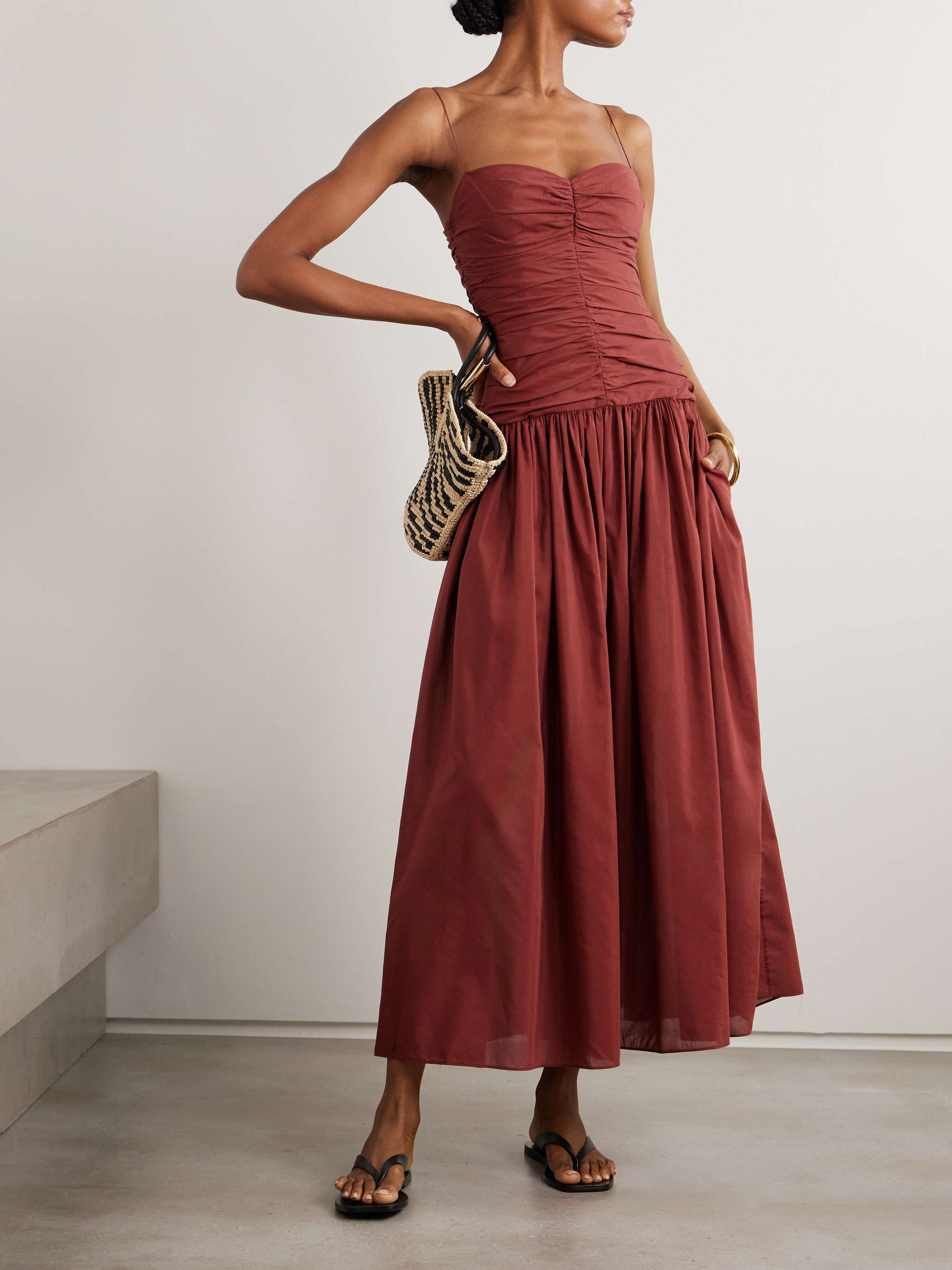 Gathered Organic Cotton and Silk-Blend Midi Dress