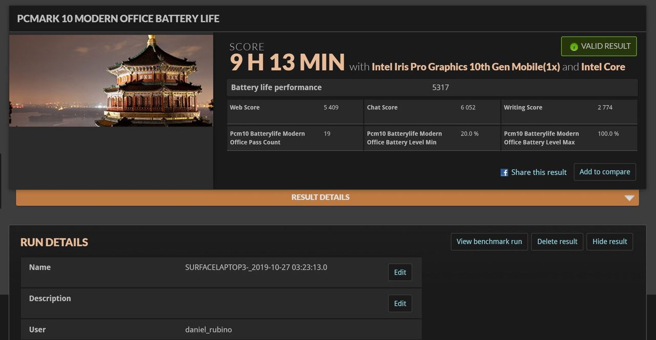 PCMark 10 Battery life Surface Laptop 3