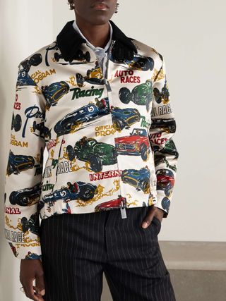 Car Race Tropical Velvet-Trimmed Printed Satin Jacket