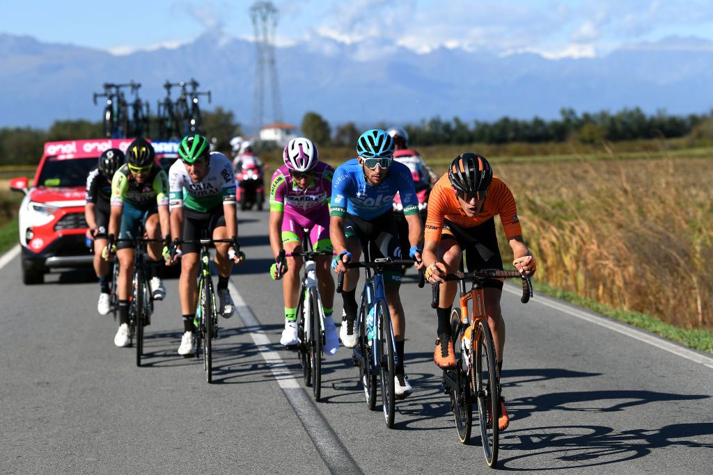 MILAN ITALY OCTOBER 06 Joan Bou Company of Spain and Team Euskaltel Euskadi Mattia Frapporti of Italy and EoloKometa Cycling Team Juri Zanotti of Italy and Bardiani Csf Faizane Team compete in the breakaway during the 102nd MilanoTorino 2021 a 190km race from Magenta to Torino Superga 669m MilanoTorino on October 06 2021 in Milan Italy Photo by Tim de WaeleGetty Images