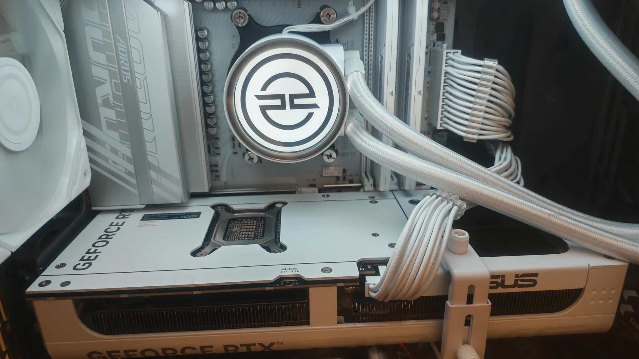 The white innards and custom AIO in a PCSpecialist PC
