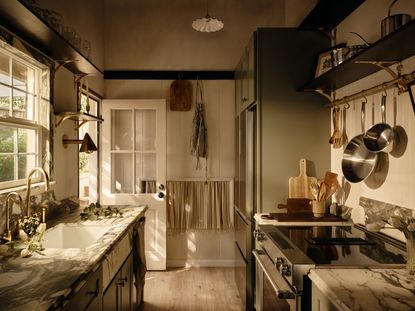 A rustic galley kitchen with marble countertops, wooden flooring, and sage green cabinetry 