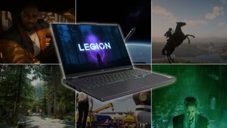 Lenovo Legion Pro 7i surrounded by game screenshots