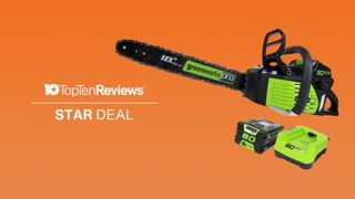 Greenworks chainsaw deal with orange background and text: Top Ten Reviews STAR DEAL