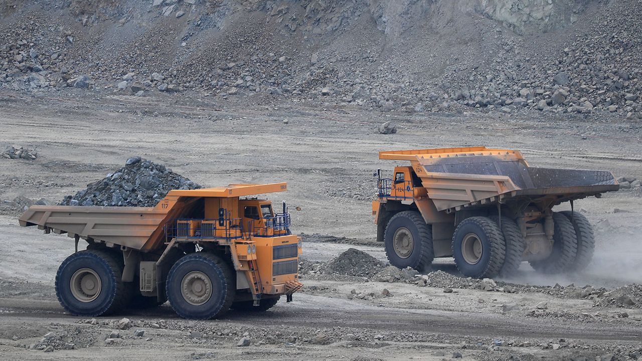 Dump trucks in a copper mine