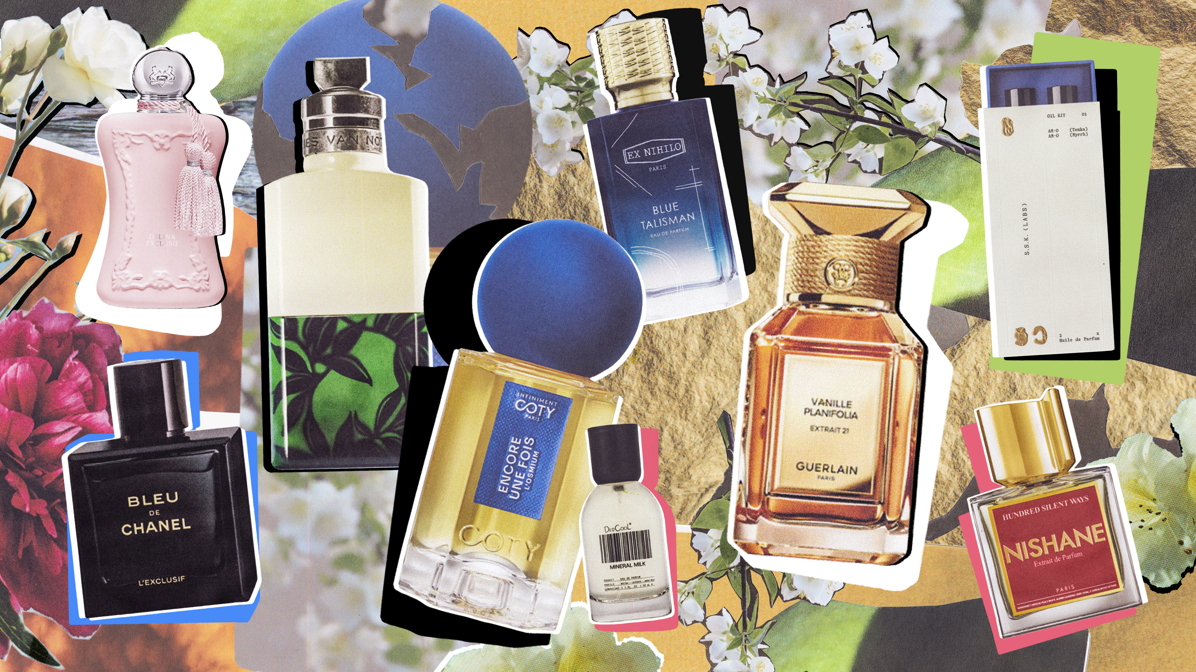 A collage of different glass fragrance bottles on an animated background with plants, flowers, and colors