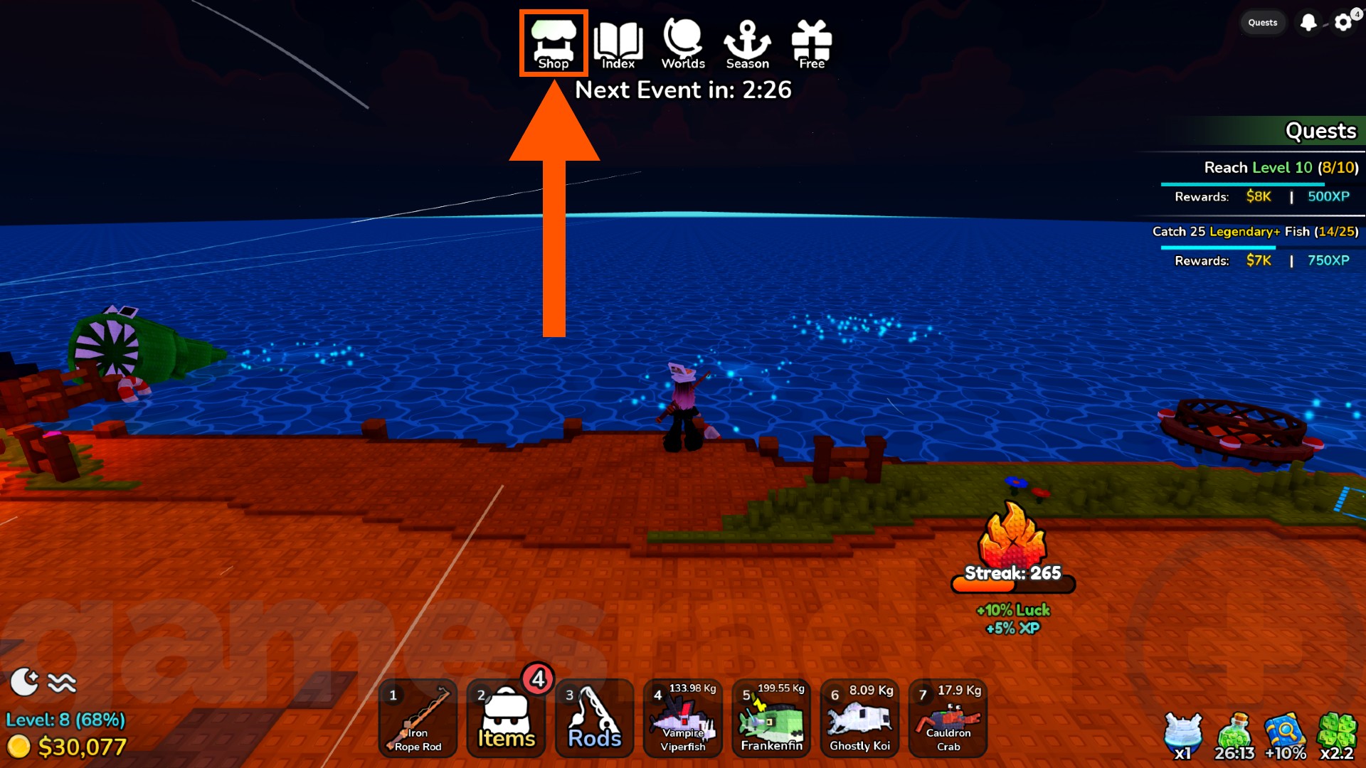 An orange arrow points to the Shop icon where you can redeem Deep Fishing codes.