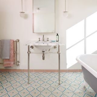Bathroom tile trends with geometric pastel tiles on floor