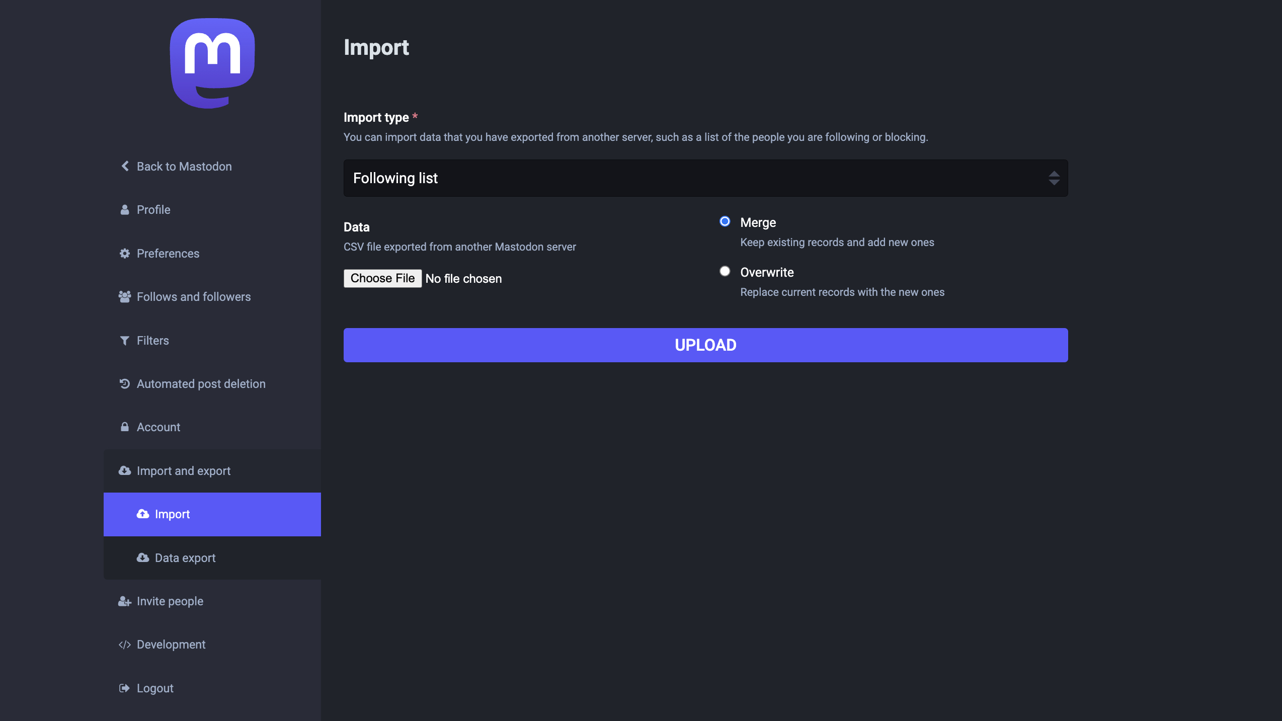 Import options for Mastodon