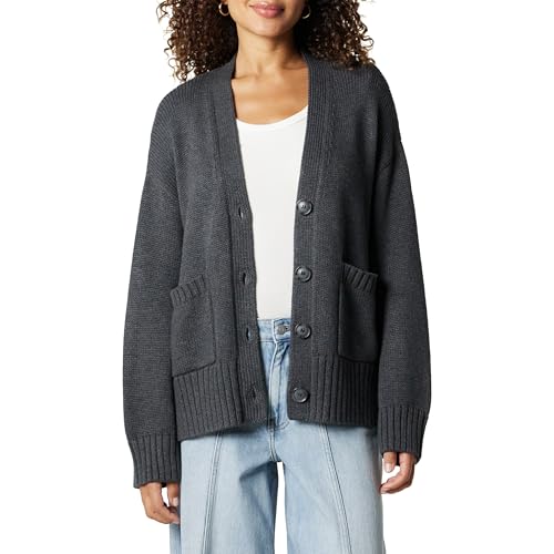 The Drop Women&#039;s Brigitte Chunky Button Front Pocket Ribbed Cardigan, Charcoal, L