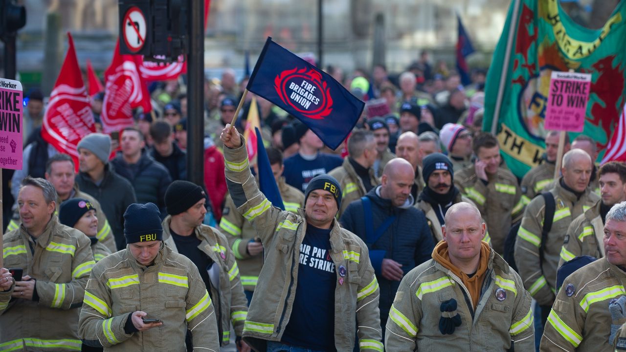 Members of the Fire Brigades Union at a rally this week calling for strike action