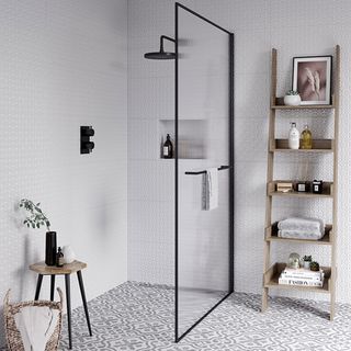 shower storage ideas with white tiles and ladder shelf