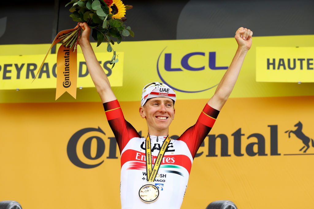 PEYRAGUDES FRANCE JULY 20 Tadej Pogacar of Slovenia and UAE Team Emirates celebrates at podium as stage winner during the 109th Tour de France 2022 Stage 17 a 1297km stage from SaintGaudens to Peyragudes 1580m TDF2022 WorldTour on July 20 2022 in Peyragudes France Photo by Michael SteeleGetty Images
