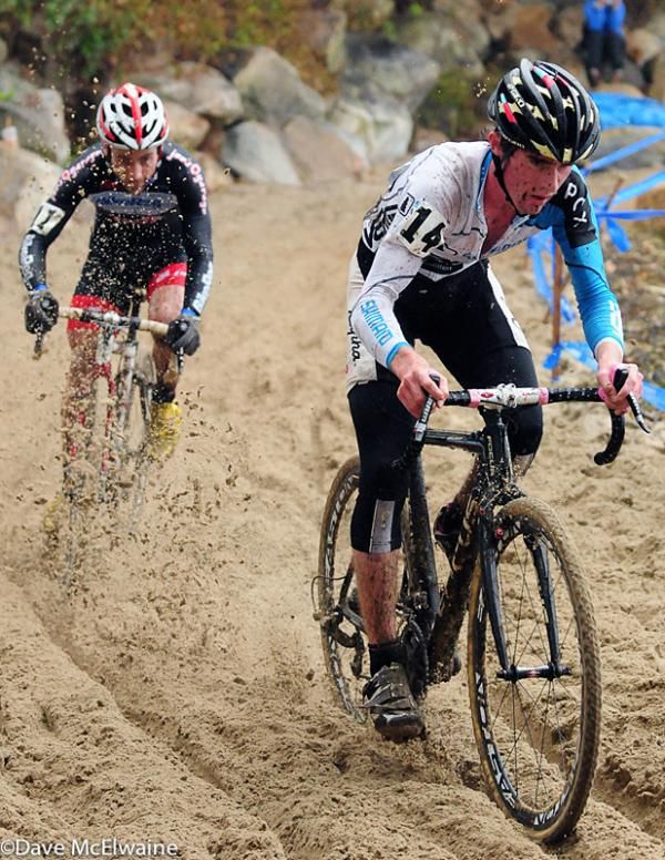 Zach McDonald (Rapha-Focus) leading Justine Lindine