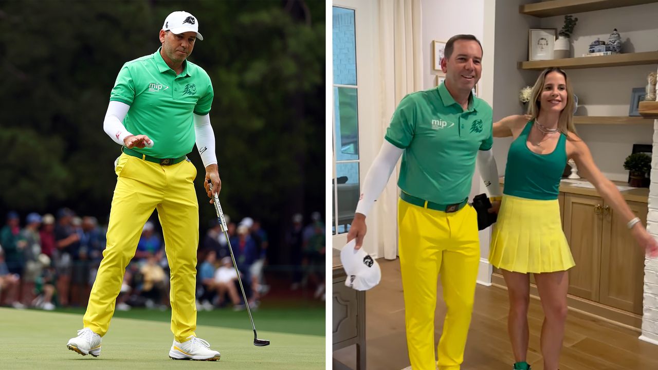 Sergio Garcia waves to the crowd and also dances with his wife