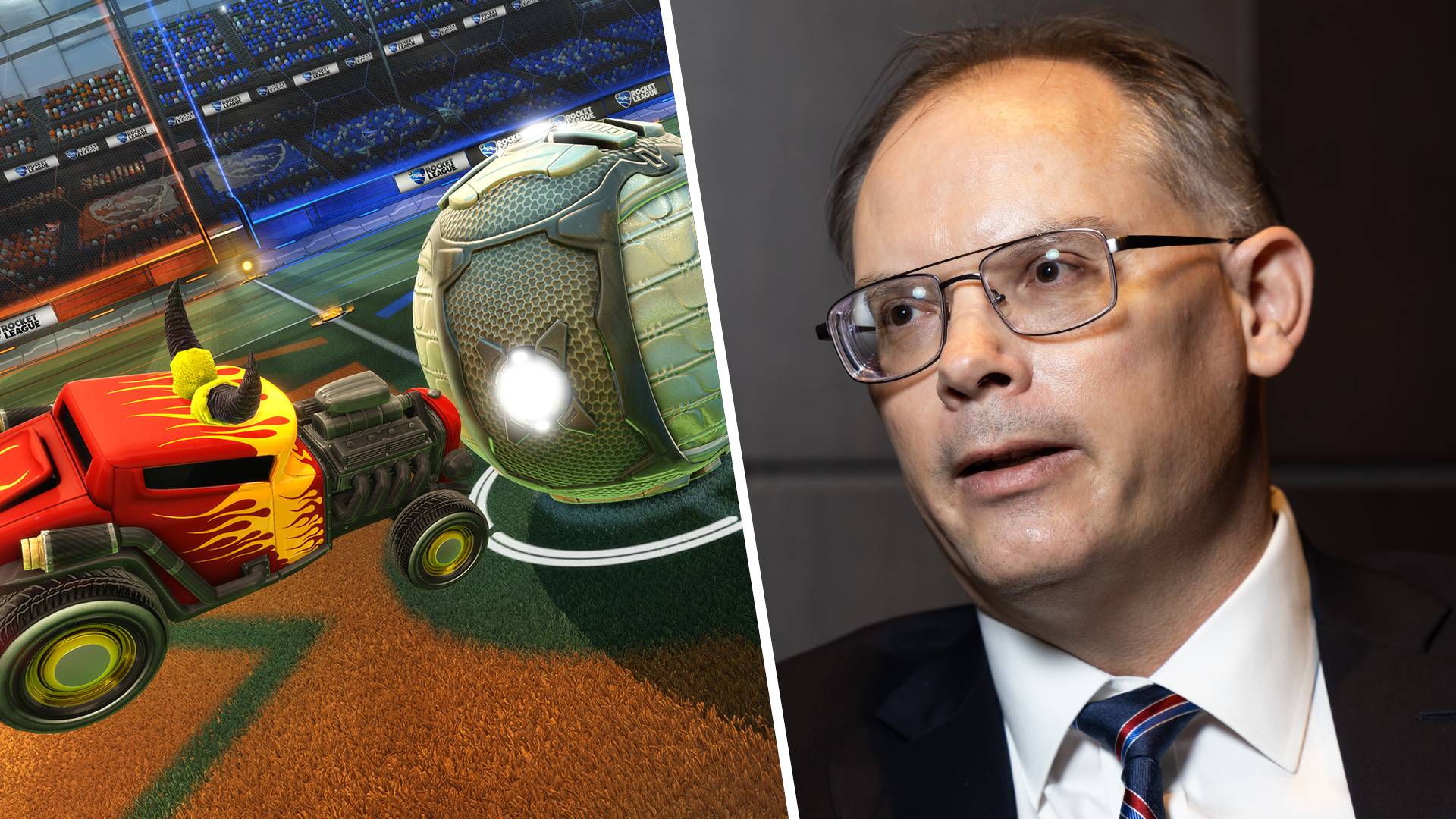 Side by side of Rocket League gameplay and Tim Sweeney, Epic CEO, wearing a suit and tie.