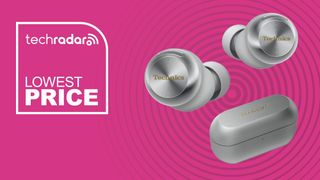 The Technics EAH-AZ100 in front of a magenta background featuring the words 'TechRadar &ndash;&nbsp;lowest price'.