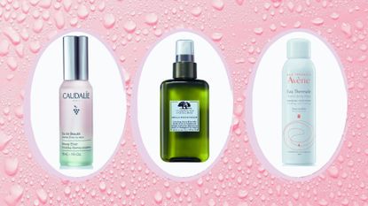 On a pink background with water droplets, we show three of the best face mists, including Caudalie, Origins and Avene