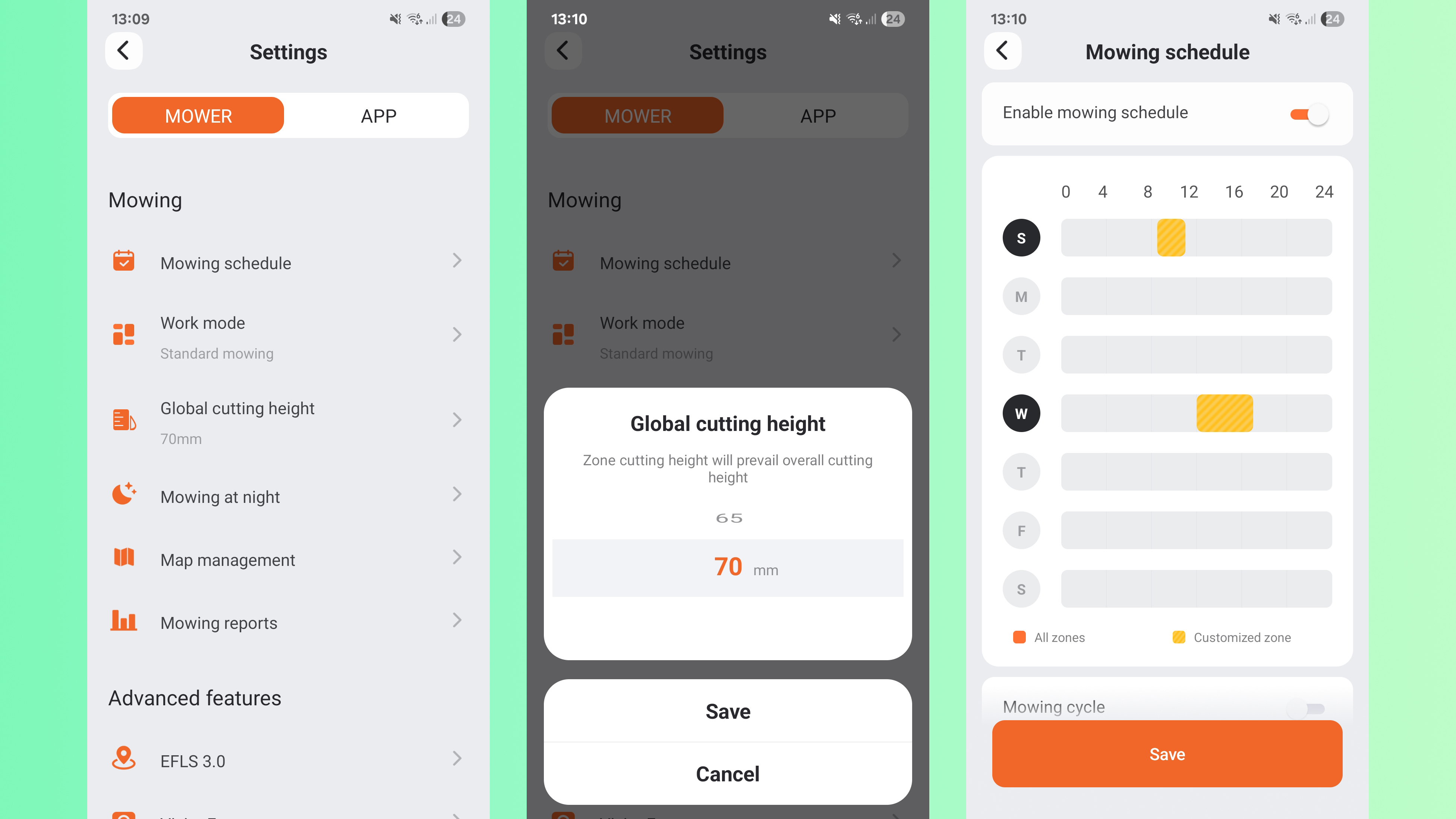 Screenshots from Segway Navimow app