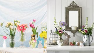 compilation image showing mantel decor ideas with assorted vases with different flower arrangements