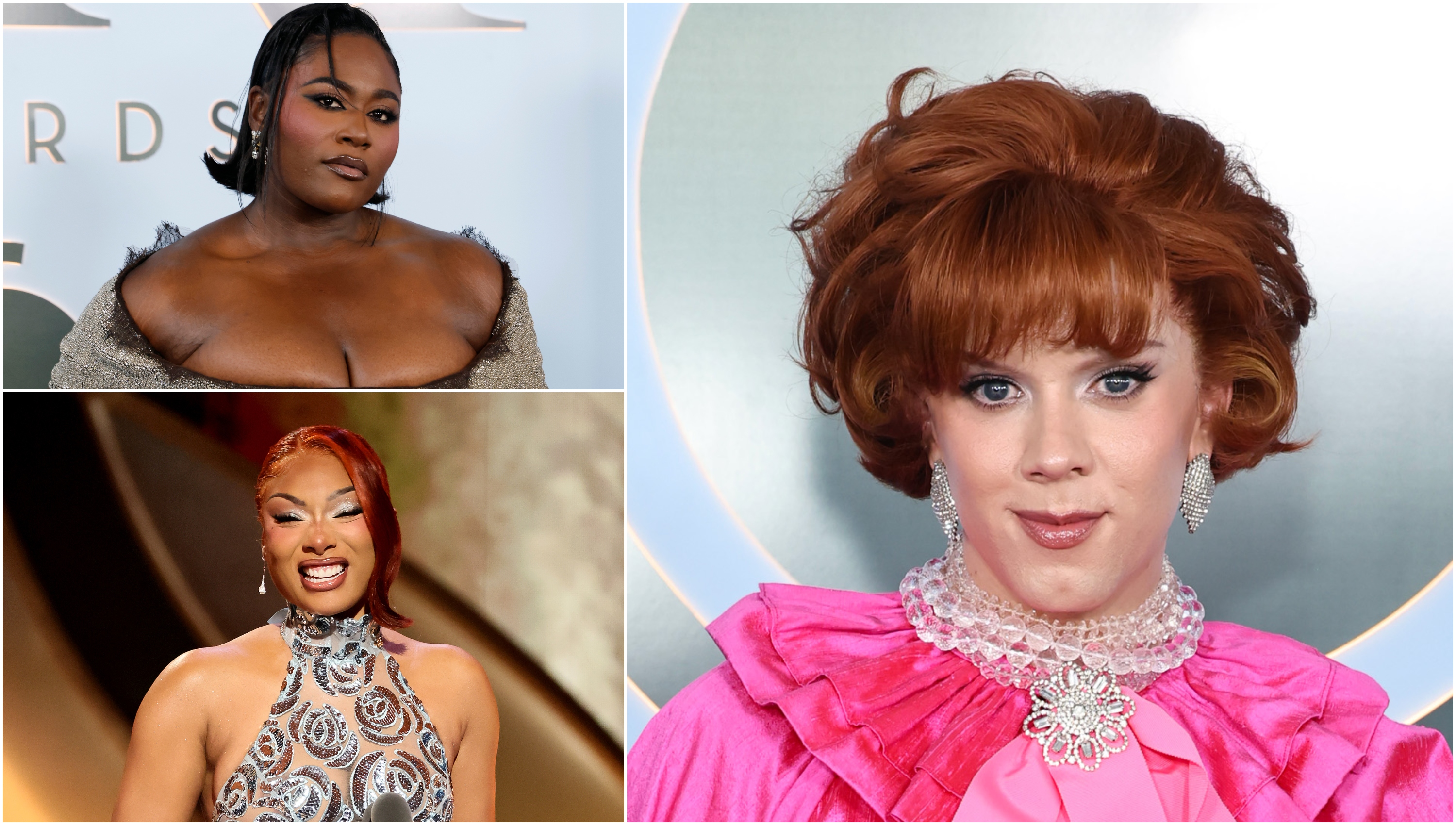 two black women in gowns and a white person in a pink gown, all with glamorous makeup, at the 2026 tony awards