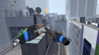 Still from the VR video game Stride. Here se see a floating pair of hands wearing fingerless gloves and holding a pistol. In the background is a city rooftop and skyscrapers.