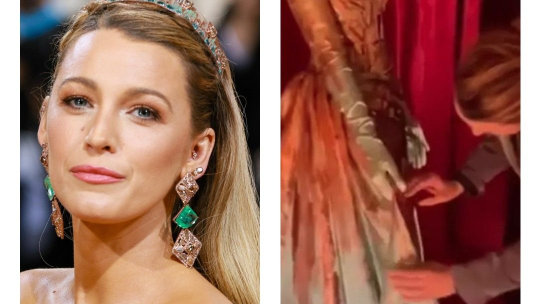 Blake Lively at the 2022 Met Gala/Blake Lively fixing her gown on display