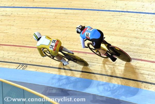Anna Meares (Australia) takes on Monique Sullivan (Canada) in the women's sprint.