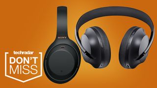 Bose 700 Noise cancelling headphones and Sony WH-1000XM4 headphones on orange background