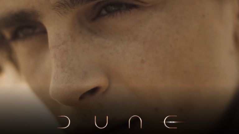 Dune logo with close up of Timothee Chalamet