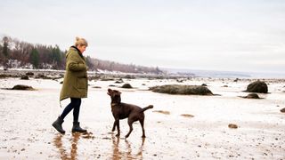 Woman walking with dog across a sandy beach with large rocks in winter