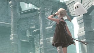 A young girl and a tiny ghost in Nier Reincarnation
